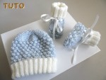 Tuto tricot bébé Bonnet et chaussons  Azur et ecru clair 1