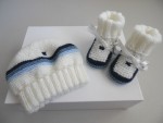 Bonnet et chaussons rayés bleus écru, tricot laine bébé 2