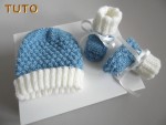 Tutoriel, duo bonnet chaussons cali bleu écru laine bébé